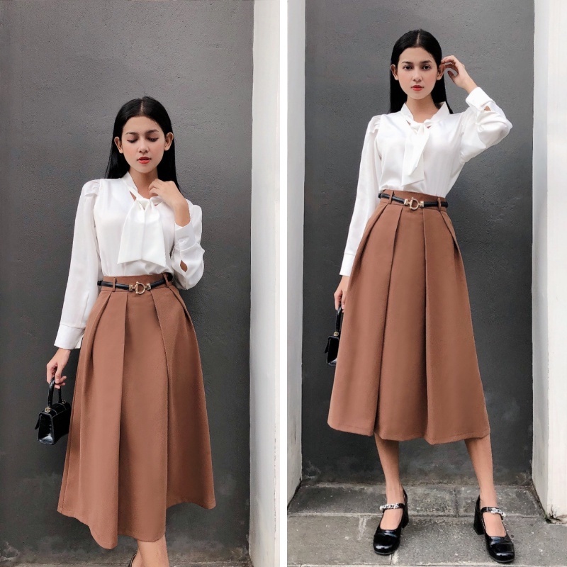 Áo sơ mi nữ Lachi trắng kiểu công sở dài tay form rộng cổ V thắt nơ gài ngọc có bigsize ASM04