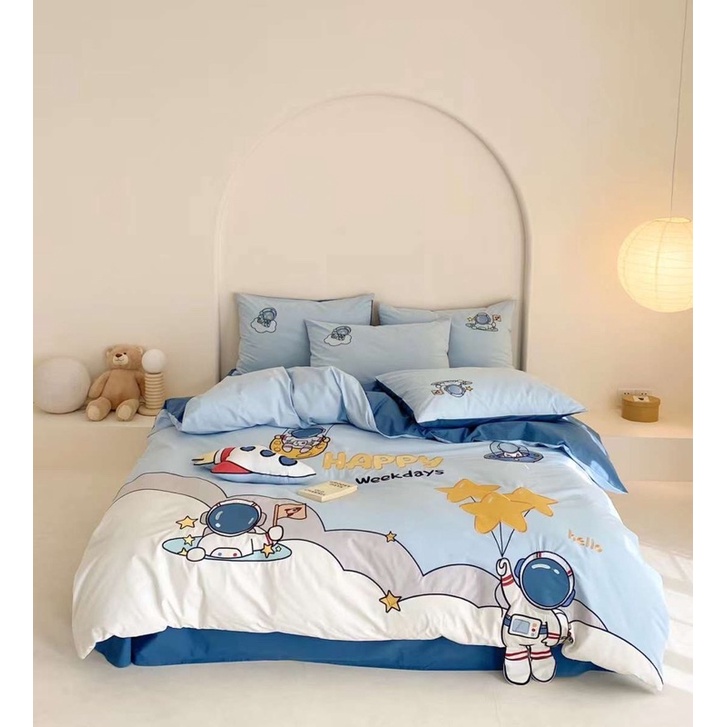 Set Chăn Ga Gối Cotton Line Thêu “ Phi Hành Gia ” (Set 5 món )