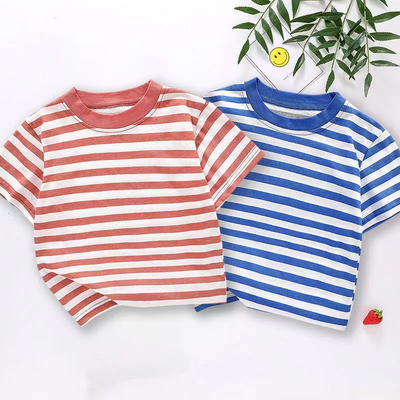 Áo Thun Cotton Ngắn Tay Cổ Tròn Họa Tiết Kẻ Sọc Màu Sắc Tương Phản Phong Cách Phương Tây Cho Bé Trai