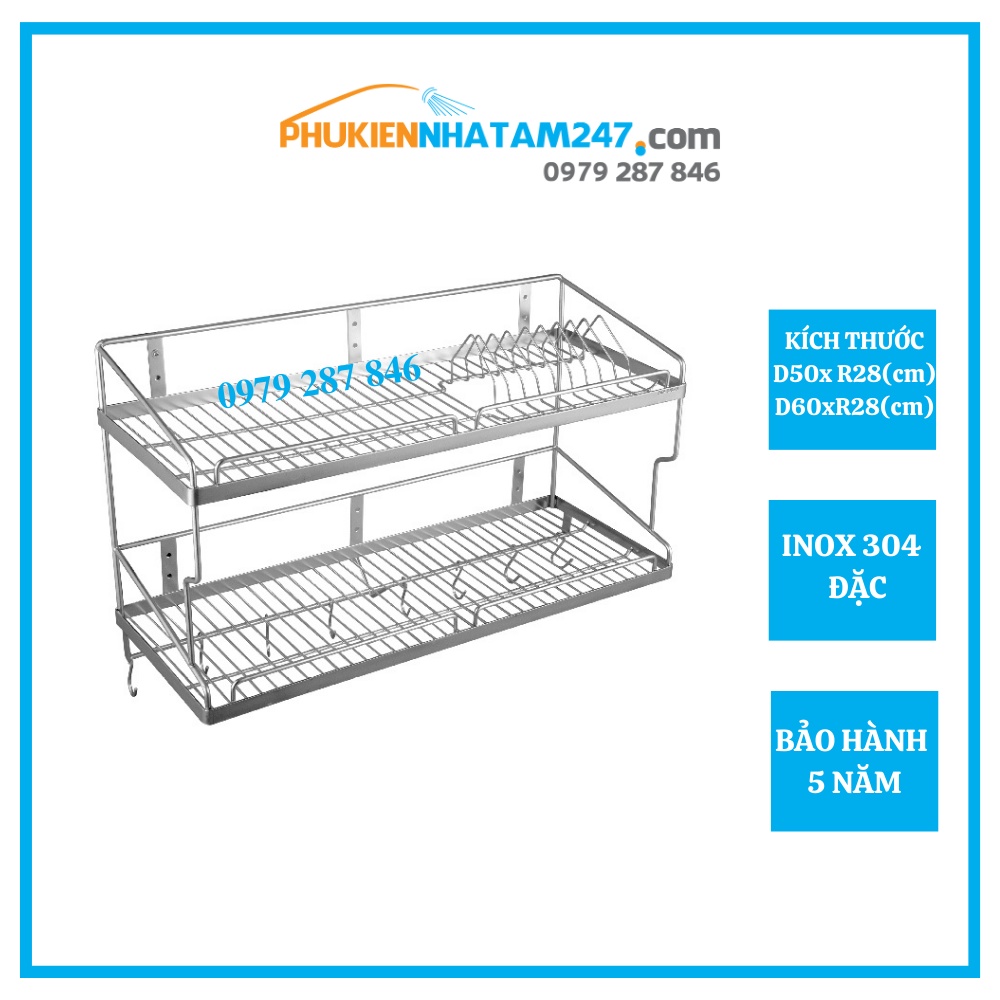 Kệ chén 2 tầng treo tường Inox 304 PHÁT ĐẠT (Dài 50cm/60cm), rổ úp chén dĩa, giá để bát, kệ đựng bát dĩa (SP122)