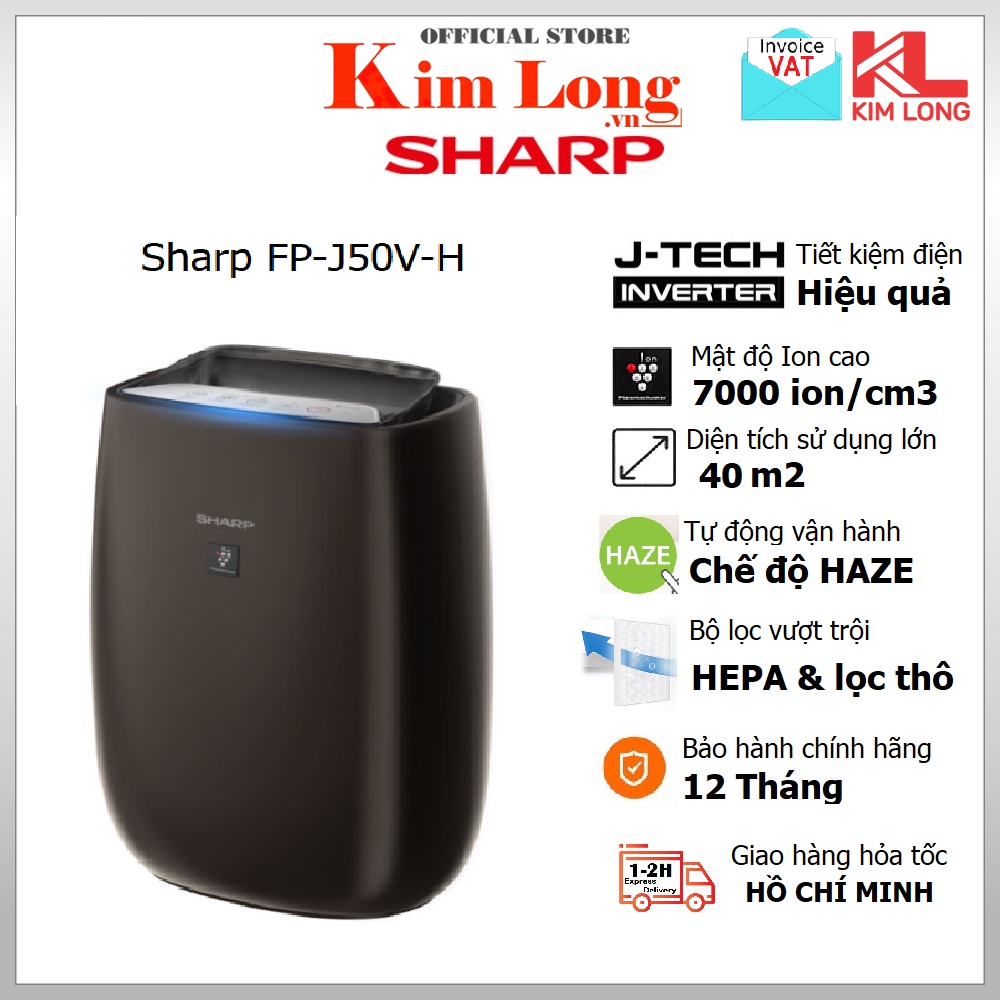 Máy lọc không khí Sharp FP-J50V-H Inverter Tạo ion, Diện tích lọc 40m2, Wifi kết nối App, Mật độ ion 7000 ion/cm3