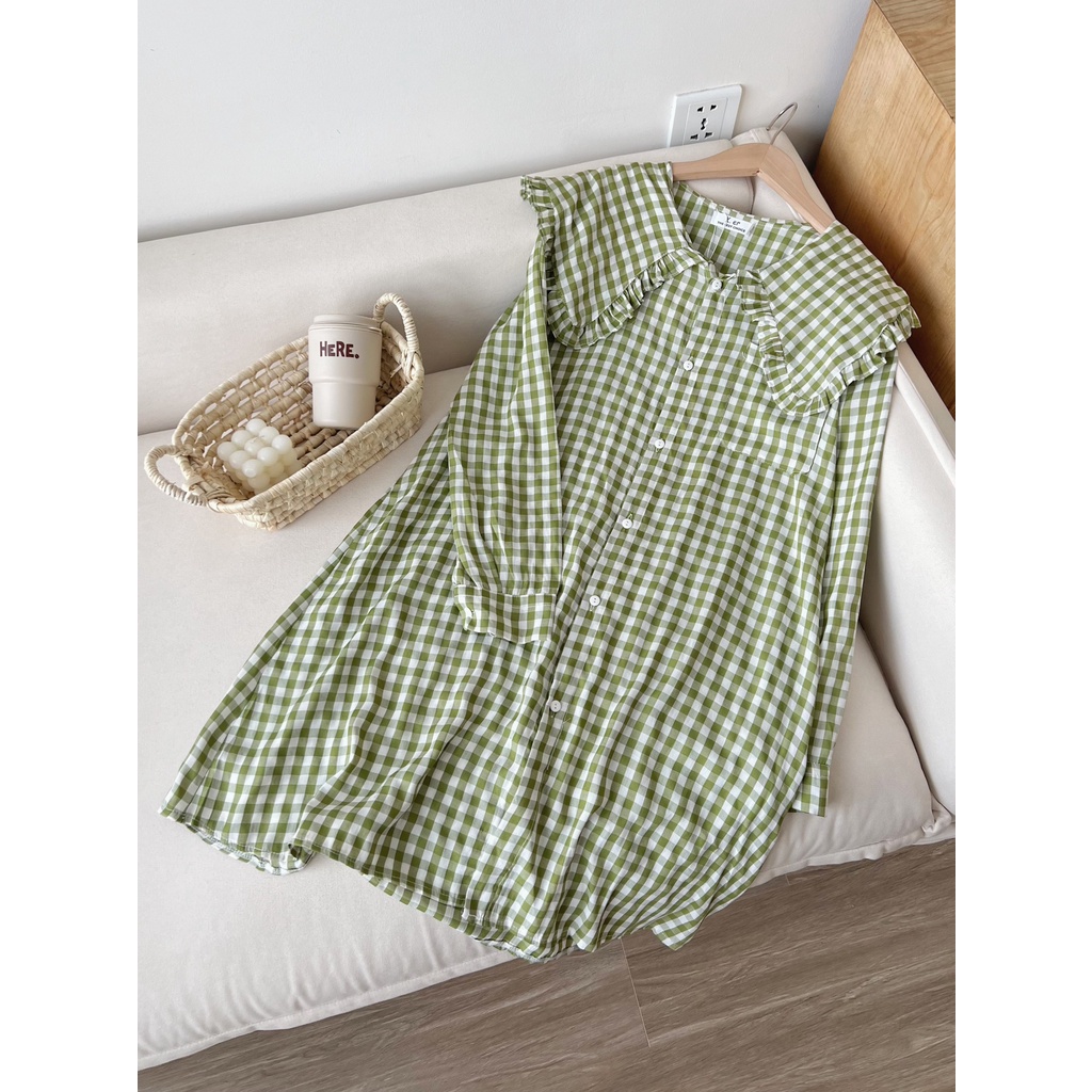 Đầm - Váy sơ mi caro cổ bèo sọc xanh dáng babydoll