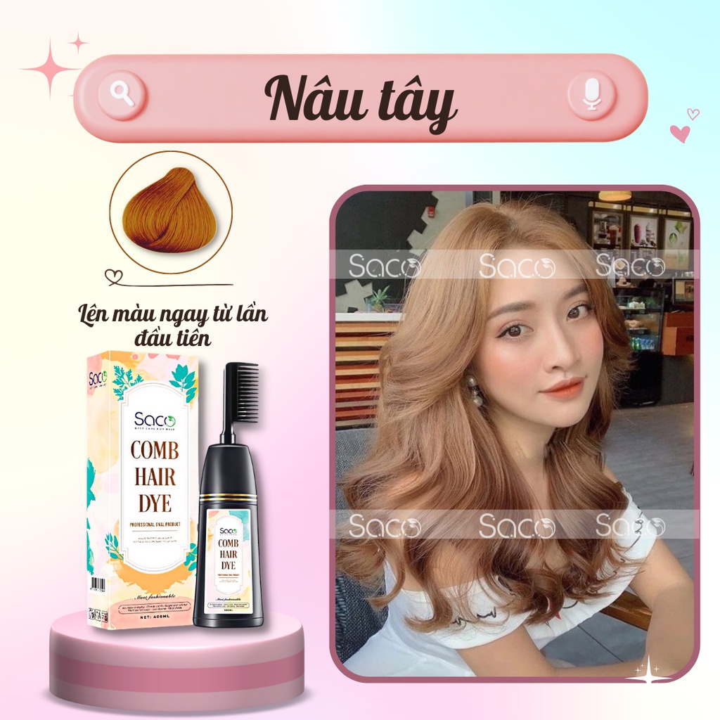 Lược nhuộm tóc thần thánh Saco màu Nâu Tây lên màu từ nền đen, không cần tẩy hay nâng tone chai 400ml