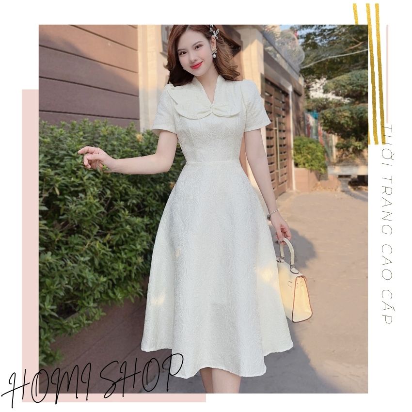 Đầm dự tiệc nữ cực sang gắn nơ - XU XU SHOP - Váy thiết kế cổ V chất gấm mượt lên form chuẩn, hàng xịn - VIDEO