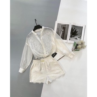 Áo sơ mi thô xoắn eo hoạ tiết