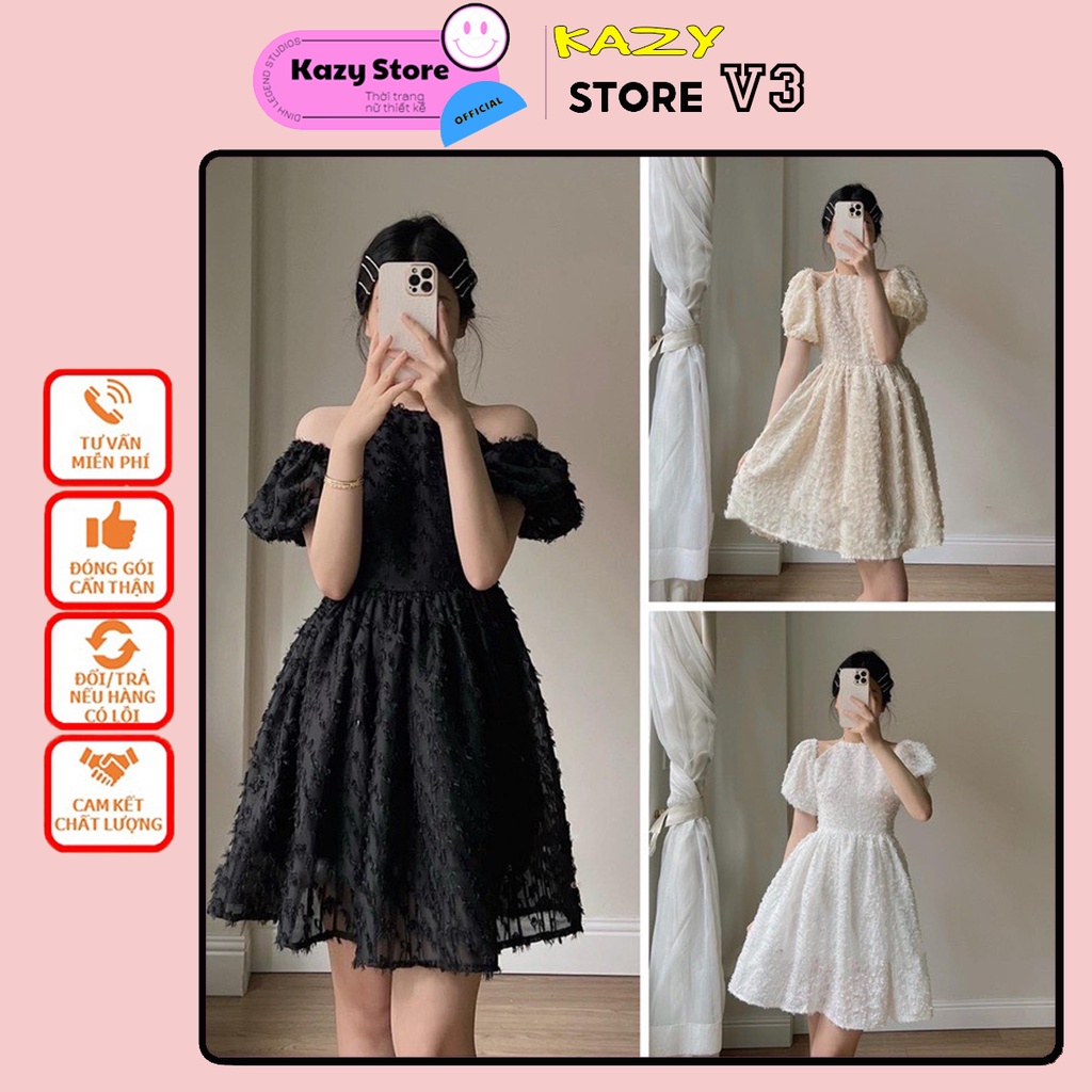 Váy trắng tiểu thư dự tiệc cổ yếm trễ vai tay bồng 2 lớp thêu hoa dáng xinh Hàn Quốc KAZY DRESS V003