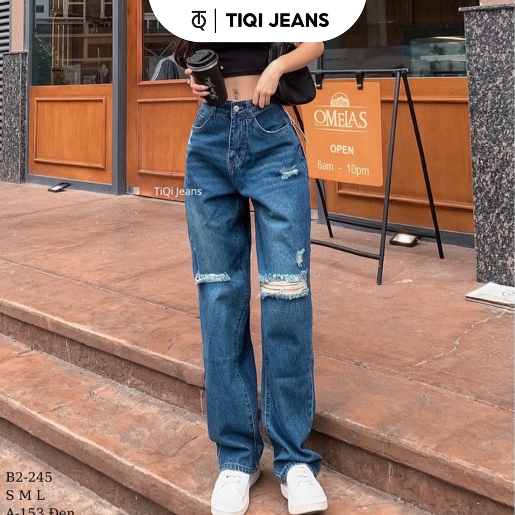 Quần Jean Ống Rộng Suông Nữ Rách Gối Tiqi Jeans B2-245