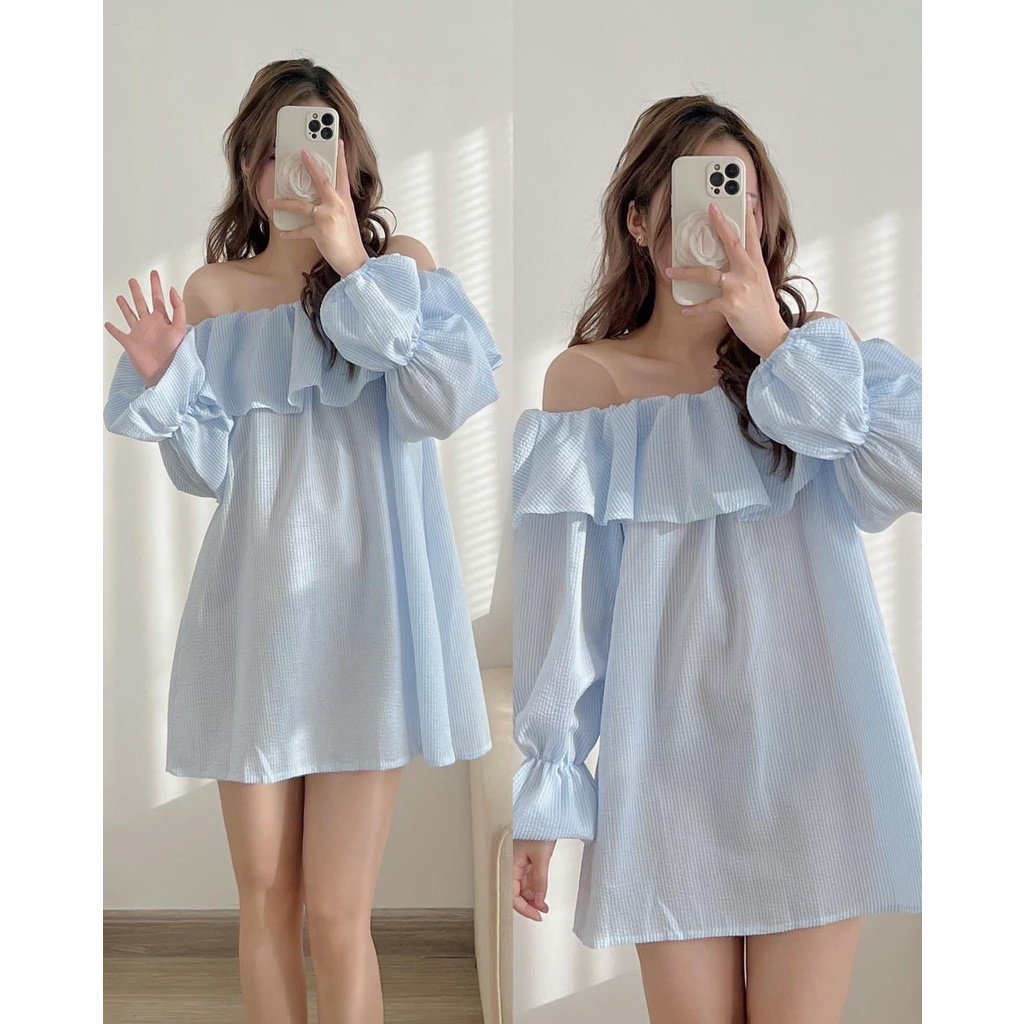 Áo trễ vai bèo kẻ sọc xanh pastel dài tay bo chun mã VayD316