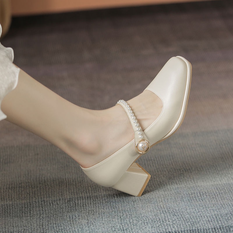 Giày da Pháp Mary Jane nữ giày cao gót cổ điển gót chân thô giầy lolita nữ