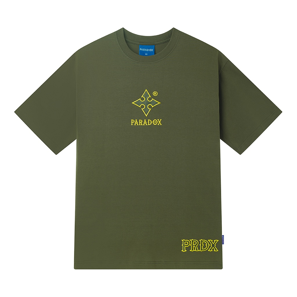 Áo thun form rộng Paradox tay lỡ - Unisex - In hình - ESSENTIAL EMBROIDERY - Màu xanh oliu