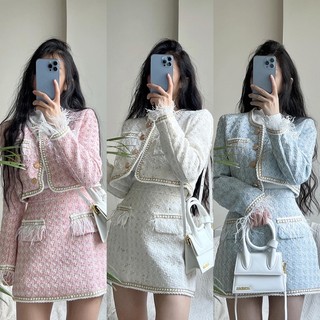 Set áo dạ tweed dáng lửng viền lông - Chân váy dạ chữ A