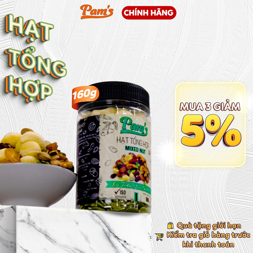 Hạt Dinh Dưỡng Mix 6 Loại Pams 160g/hũ - Macca, Hạnh Nhân, Nhân Hạt Óc Chó, Hạt Bí, Hạt Điều, Nhô Úc