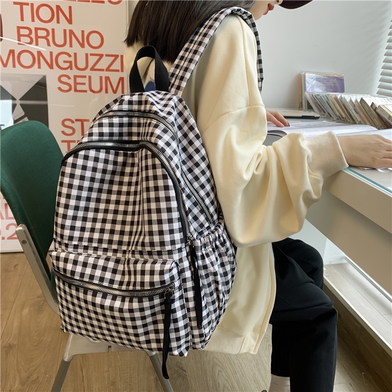 Balo Caro Kẻ Đen Trắng Khoá Kim Loại Kiểu Dáng Đơn Giản Balo Đi Học Unisex Basic ZicZac