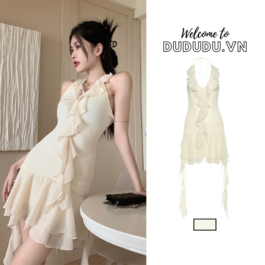 Đầm ngắn ôm body, cổ yếm phối tua rua quyến rũ, gợi cảm, vải xốp gạo cao cấp, co giãn tốt, hàng Quảng Châu thiết kế, thời trang xuân hè dành cho nữ