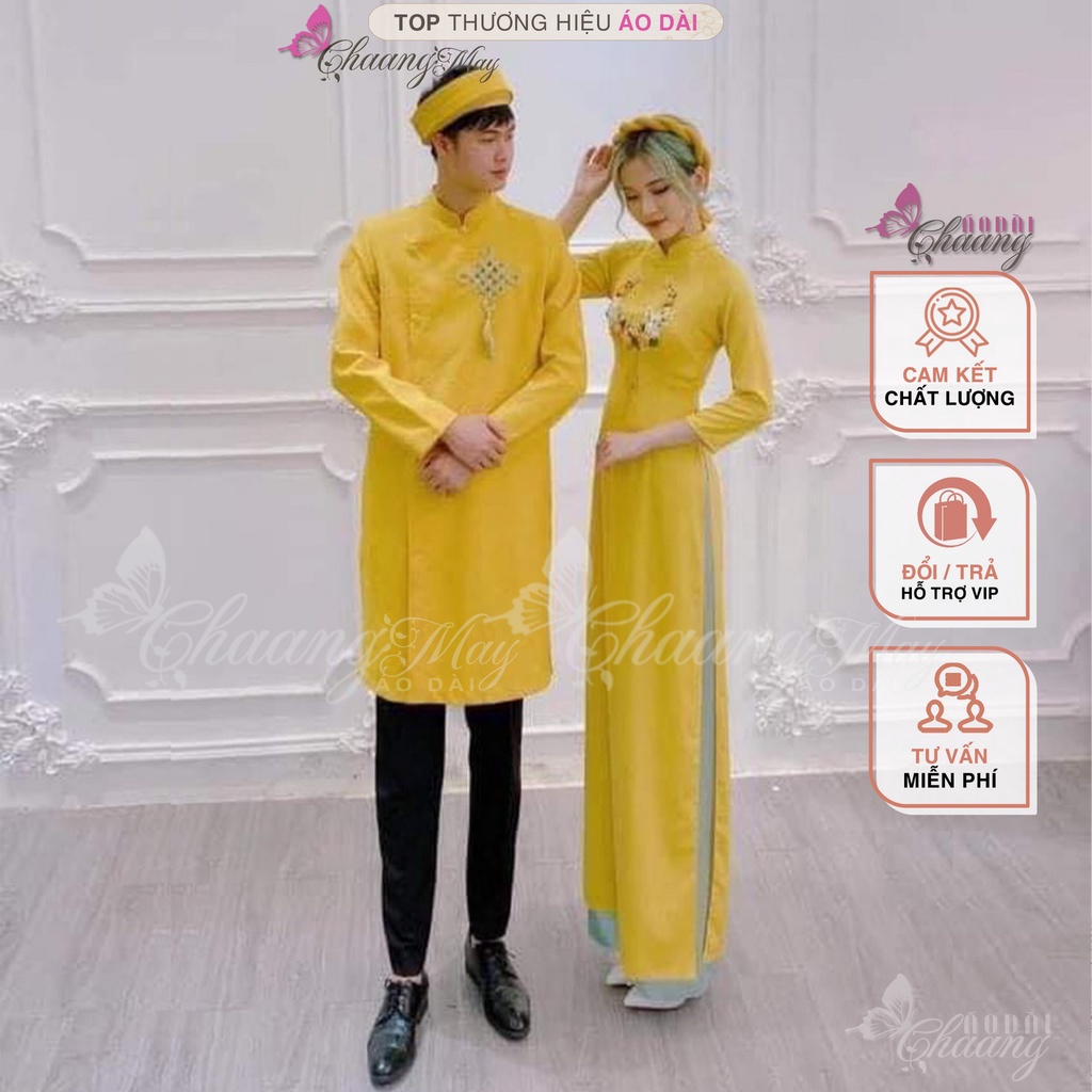 Áo dài cặp đôi nam nữ hoa ruy băng Chaang may sẵn áo dài cưới hỏi cô dâu chú rể đơn giản dự tiệc lễ tết đẹp ADC692
