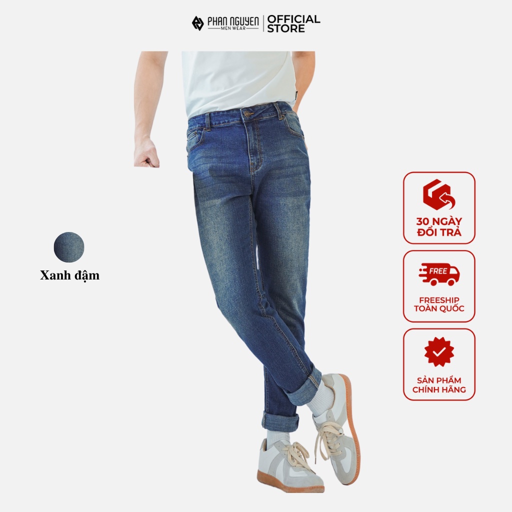 Quần jeans nam xanh cao cấp Phan Nguyễn, dáng dài, thiết kế hiện đại nam tính, chất liệu thoáng mát, co giãn tốt QBD.026