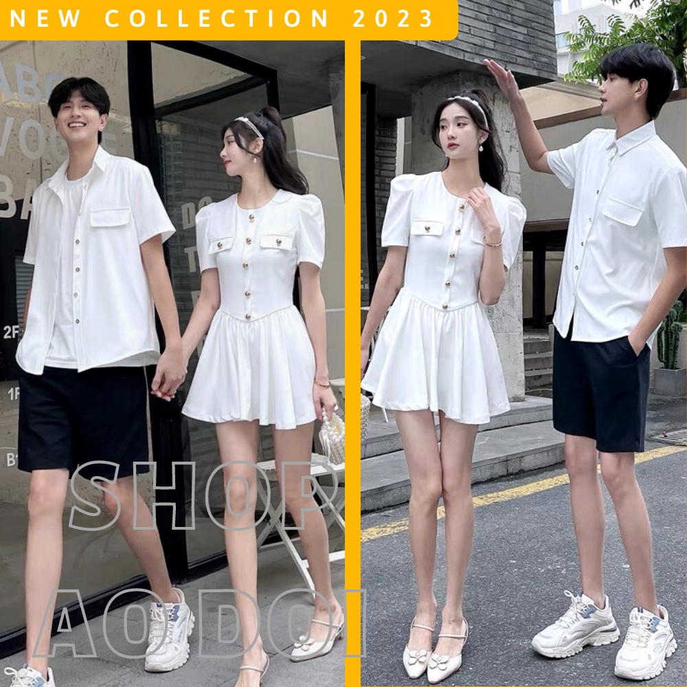 Đồ đôi nam nữ đẹp Set áo váy sơ mi Hàn Quốc dáng dài COUPLE STORE