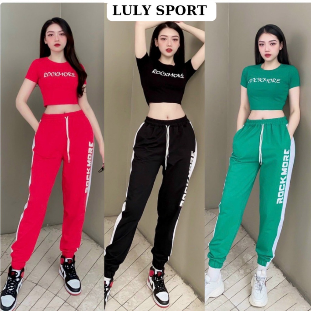 Bộ đồ tập Gym nữ LULY SPORT, sét bộ thể thao nữ ROCK quần jogger phối áo Croptop