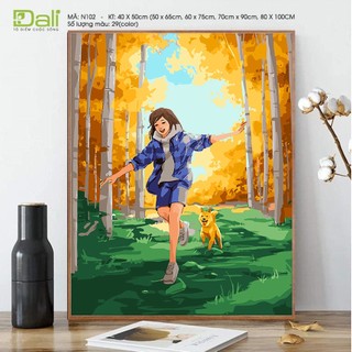 Tranh tự tô màu số hóa Dali chủ đề Cô gái đùa vui cùng chú chó N102