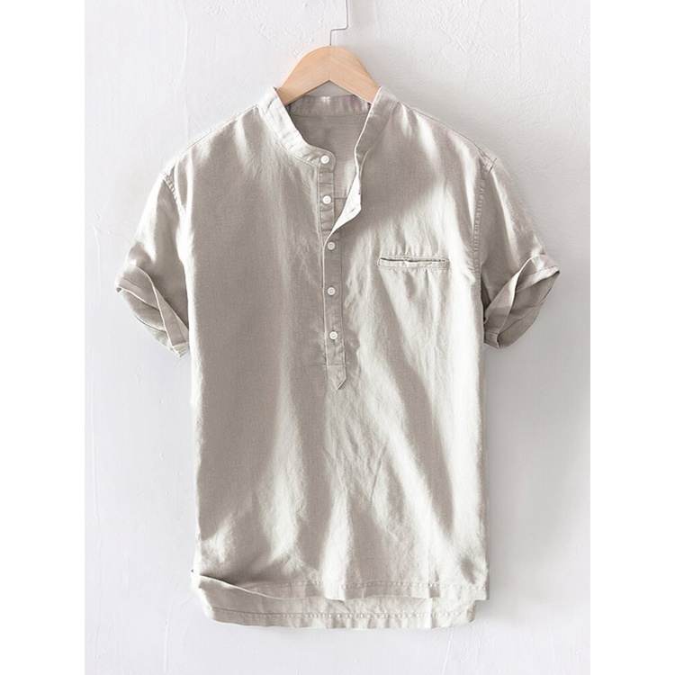 Áo Sơ Mi Đũi Nam Ngắn Tay Cổ Tàu Cao Cấp, Chuẩn Hàng Xuất