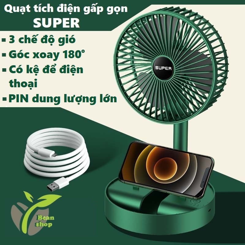Quạt tích điện để bàn SUPER góc xoay 180°, 3 chế độ gió