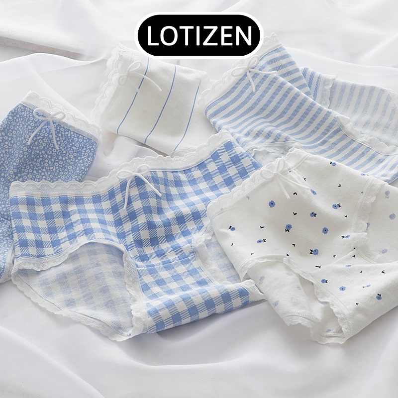 Quần lót nữ cotton màu xanh trắng họa tiết hoa nhí cute 308