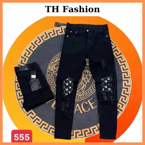 quần jeans nam co dãn rách có vá hình con thỏ