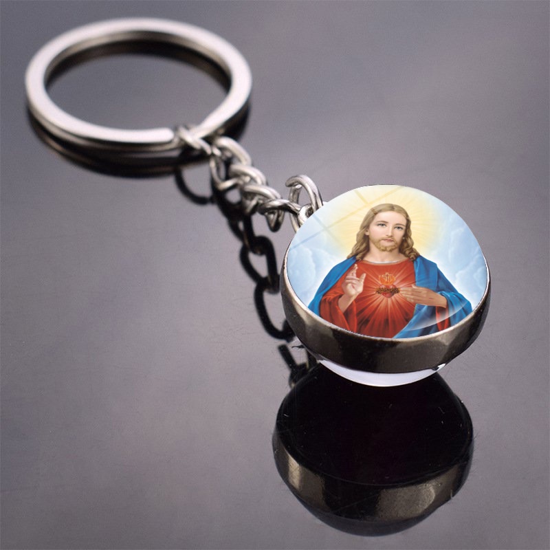 Móc Khóa Quả Cầu Thủy Tinh Cabochon Hai Mặt In Hình Chúa GiêSu