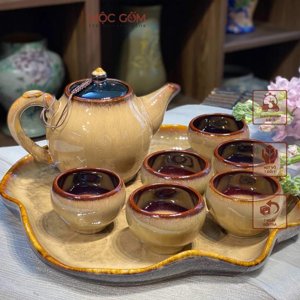 Bộ ấm chén uống trà sứ Bát Tràng, khay họa tiết lá sen cao cấp (bộ 6 chén, 1 ấm, 1 khay) | Mộc Gốm AC01