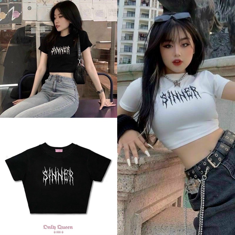 Áo croptop Sinner chữ lửa ngắn tay HOTTREND