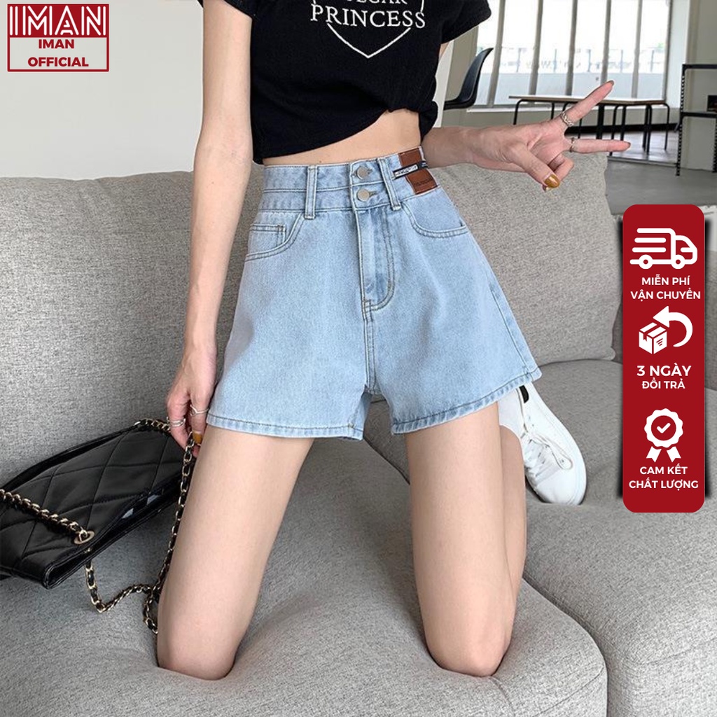 Quần short nữ IMAN lưng cao 2 khuy,quần đùi jean cạp cao ống rộng hot trend 2023