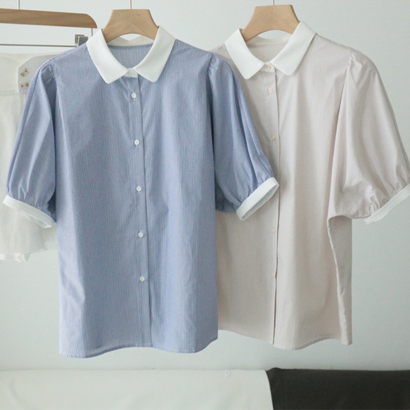 Áo Sơ Mi Kẻ Tay Ngắn Cổ Bo Góc Tay Áo Bo Phối Viền Trắng Áo Sơ Mi Kẻ Ulzzang Thời Trang Sugal TOP NU 070V4