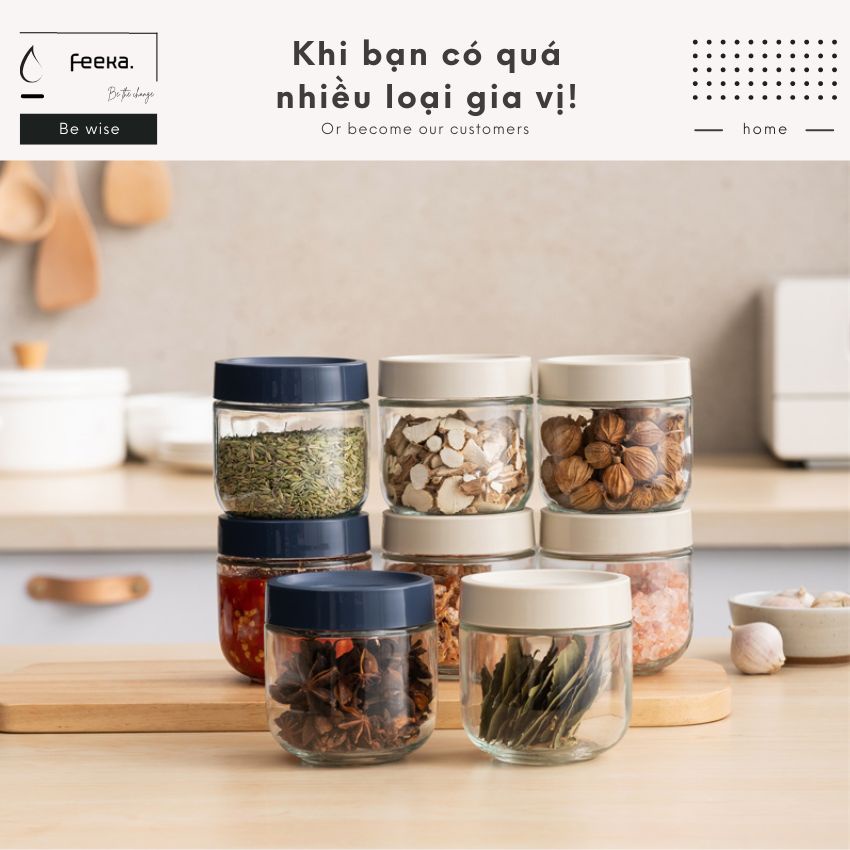 Hũ đựng gia vị thủy tinh - đồ khô FEEKA chống ẩm cao cấp, lọ đựng gia vị thủy tinh đẹp 300ml xếp chồng