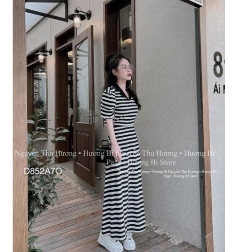 ĐẦM MAXI THUN DÁNG DÀI VÁY POLO KẺ CỘC TAY DÁNG XÒE ÔM NGỰC CÔNG SỞ DỰ TIỆC BEBEDOLL