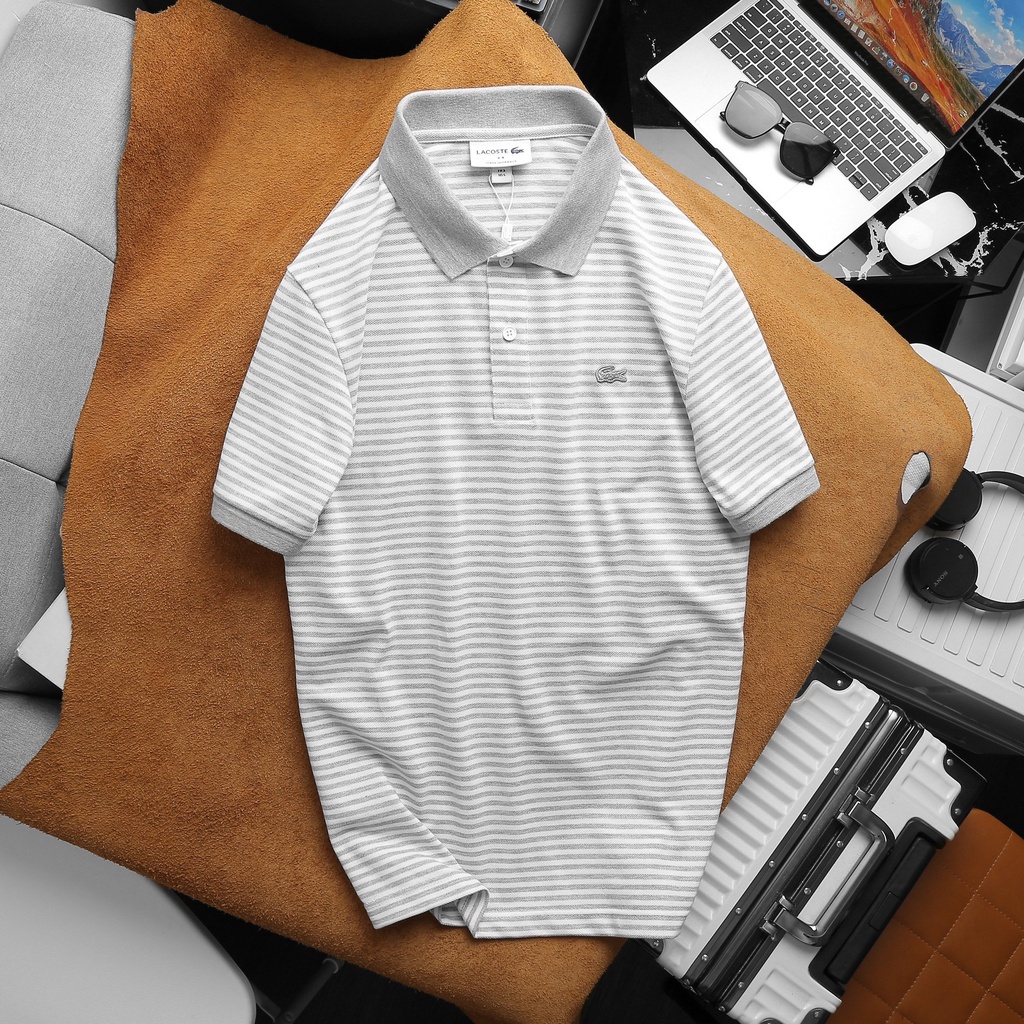 Áo thun có cổ polo sọc ngang nhuyễn LCST dệt gai cao cấp mã nối chuyền đỉnh có khắc chữ trên nút - POLCS9a