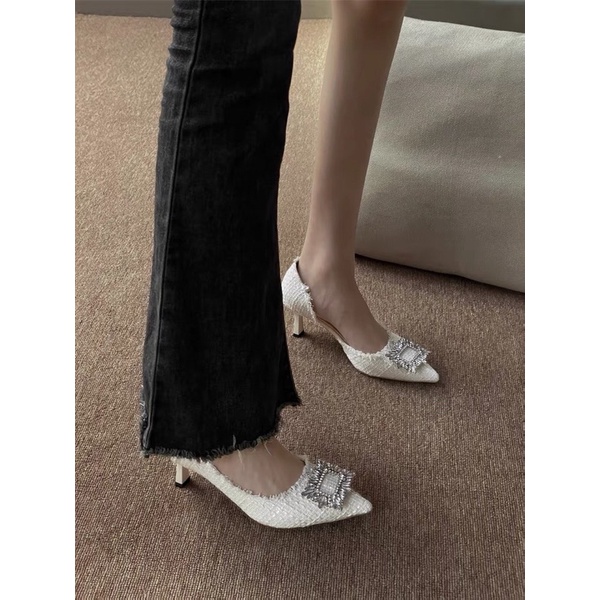 Giày cao gót dạ Tweed mũi nhọn đính đá vuông sang chảnh
