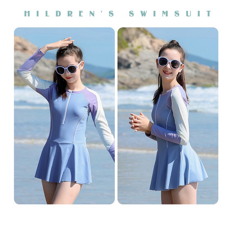 Bộ bơi bé gái dáng váy dài tay duyên dáng, Bikini cho bé gái hàng cao cấp S54