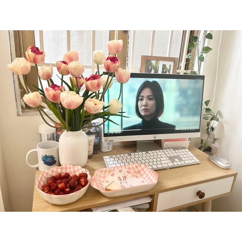 Hoa tulip cành kép 3 bông, hoa lụa giả, trang trí nhà cửa