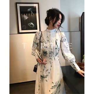 [Sẵn] V089 Đầm váy maxi tay dài trắng hoa xanh sang trọng phong cách cổ điển Retro Taobao mới 2022