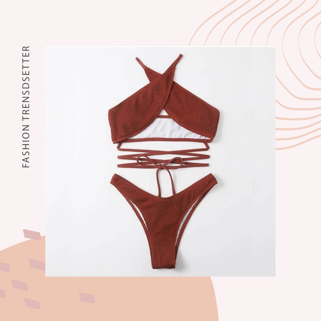 Bikini đồ bơi 2 mảnh thun nhún buộc dây chéo nhấn eo nhiều màu sắc tôn da ảnh thật hot trend 2023