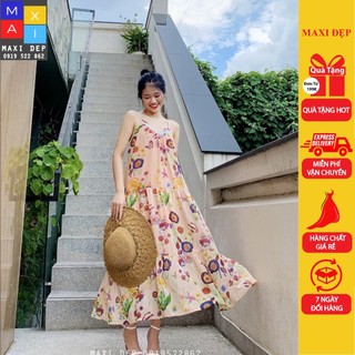 Đầm Dáng Suông Maxi Đẹp Dây Nơ Họa Tiết Hoa Cam