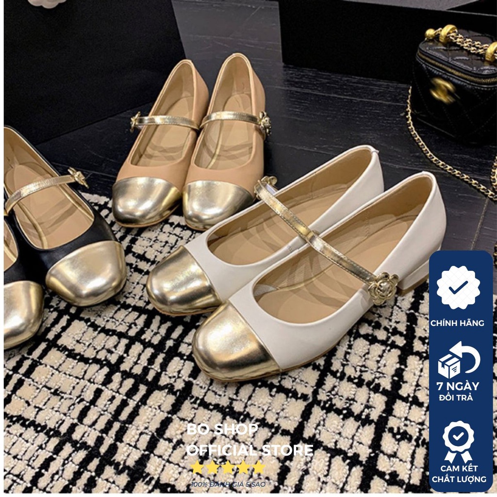 Giày búp bê nữ 3 cm mũi tròn mạ vàng kim gót vuông dây quai cài mạ mix hai màu sang trọng cá tính BO SHOP