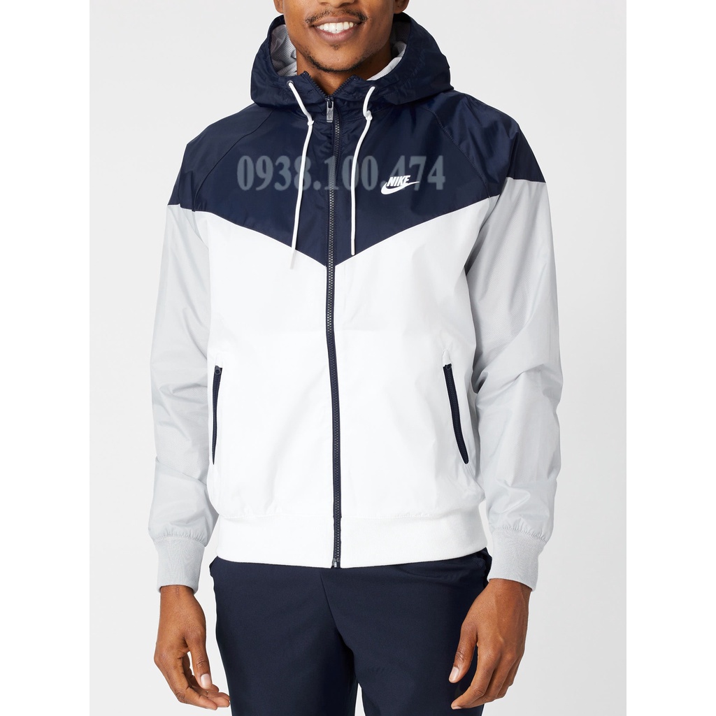 Áo khoác nam 2 lớp Nike màu trắng xanh navy vải dù xịn 100% polyester bên trong lót lưới cách nhiệt có nón trùm đầu