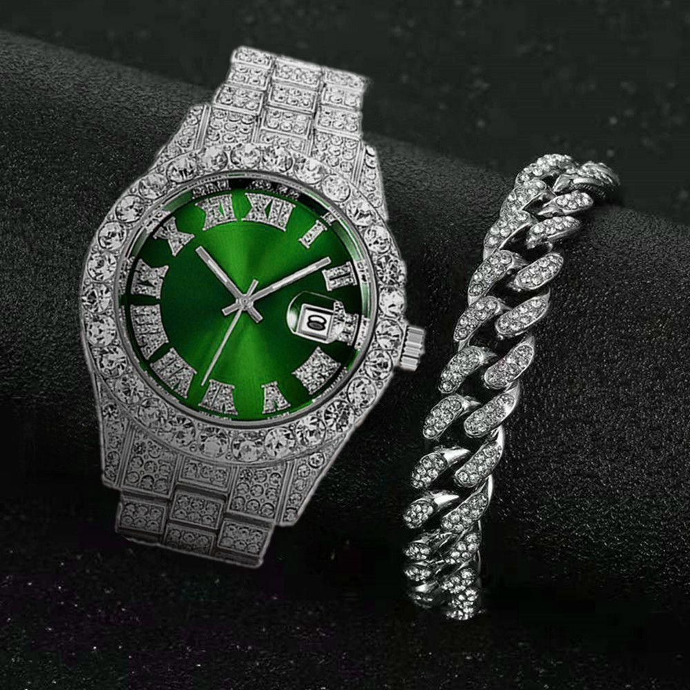 Đồng hồ đeo tay dây thép không gỉ đính đá mặt số La Mã có lịch phong cách công sở dành cho nam