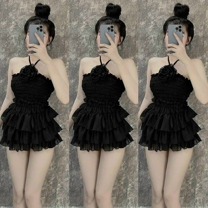 Set áo ống nhún hoa kèm chân váy voan tầng - Bộ 2 món áo yếm hoa mocking chân váy voan tầng