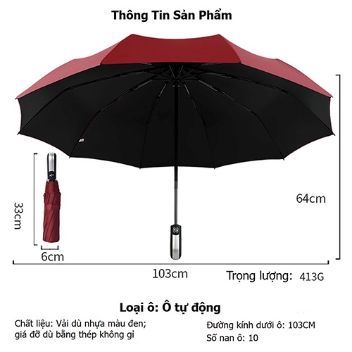 Ô Tự Động Gấp Gọn Che Mưa Che Nắng Chống Tia UV, Thiết Kế 10 Nan Chắc Chắn, Lớp Phủ Vinyl Dày Chống Tia Cực Tím