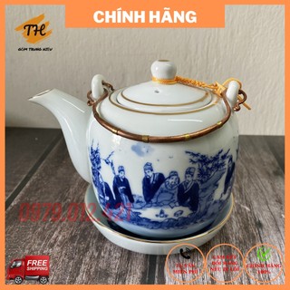 Ấm pha trà lẻ men lam Bát Tràng dáng vại kẻ vàng kim dung tích 400ml