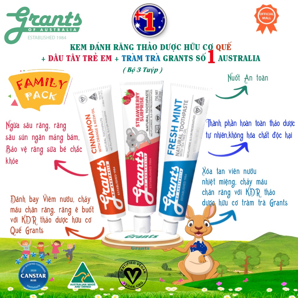 Kem đánh răng thảo dược hữu cơ Grants - Bộ 3 Tuýp - Quế Grants + Dâu Tây trẻ em Grants + Tràm Trà Grants