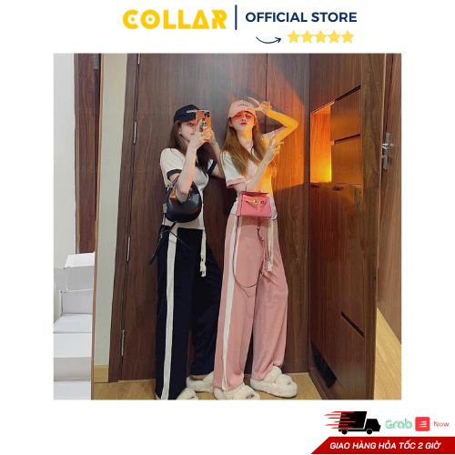 Set nữ COLLAR áo crt body viền cộc tay phối quần sọc suông ống rộng phong cách trẻ trung (đen, hồng)