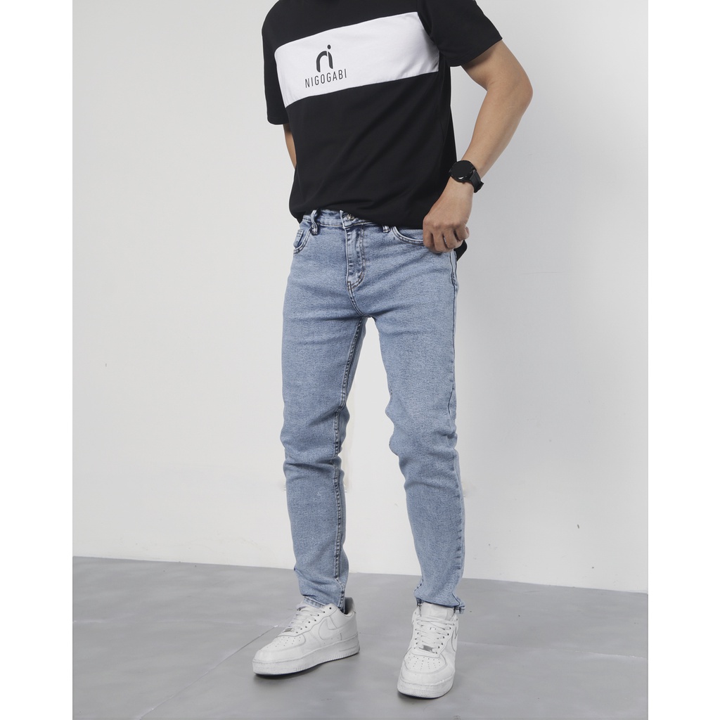 Quần jean nam skinny tape lighblue QJ05 Nigo ống ôm màu xanh sáng co giãn cao cấp